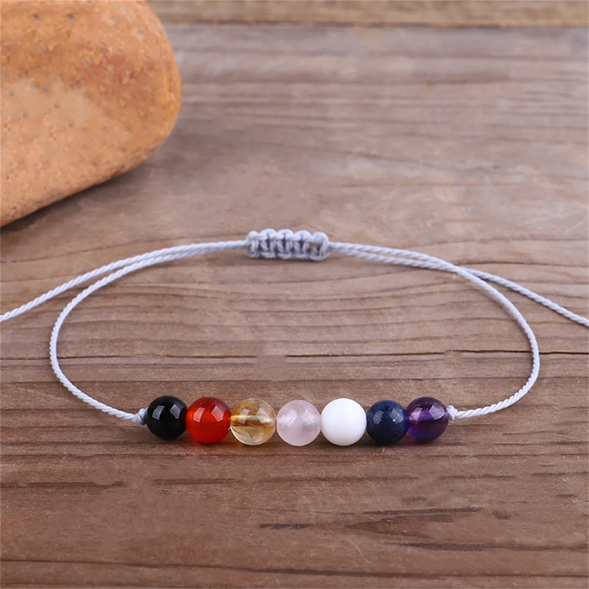 Multicolor Quartz & White Beaded Adjustable Bracelet