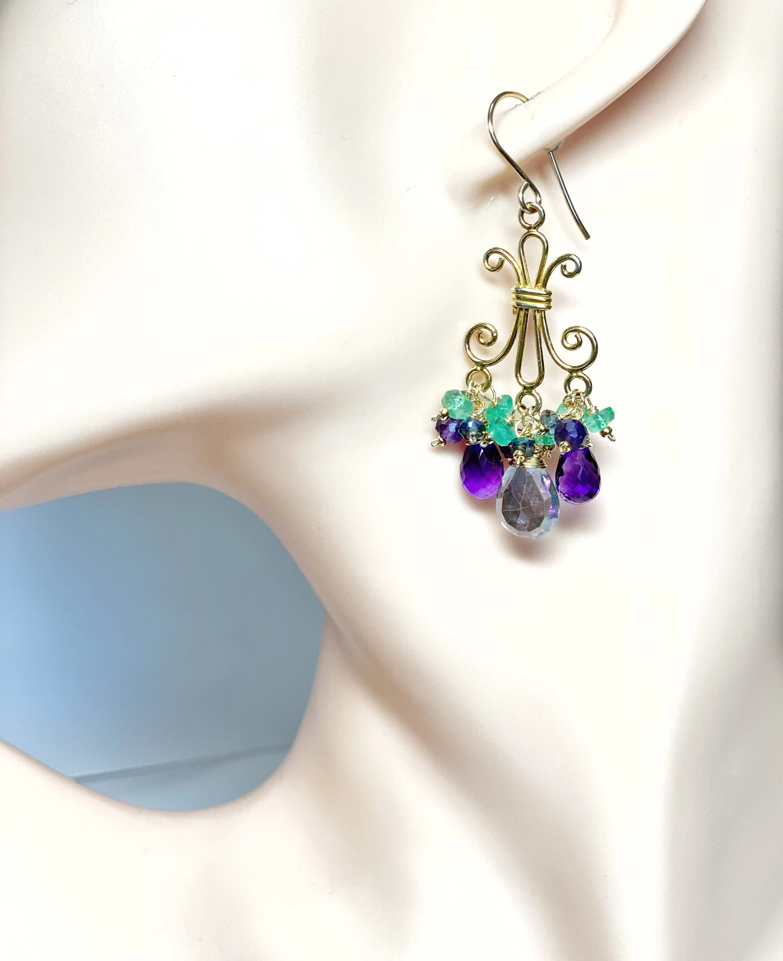 Mystic Topaz Chandelier Earrings in Gold Fill with Amethyst, Green Topaz