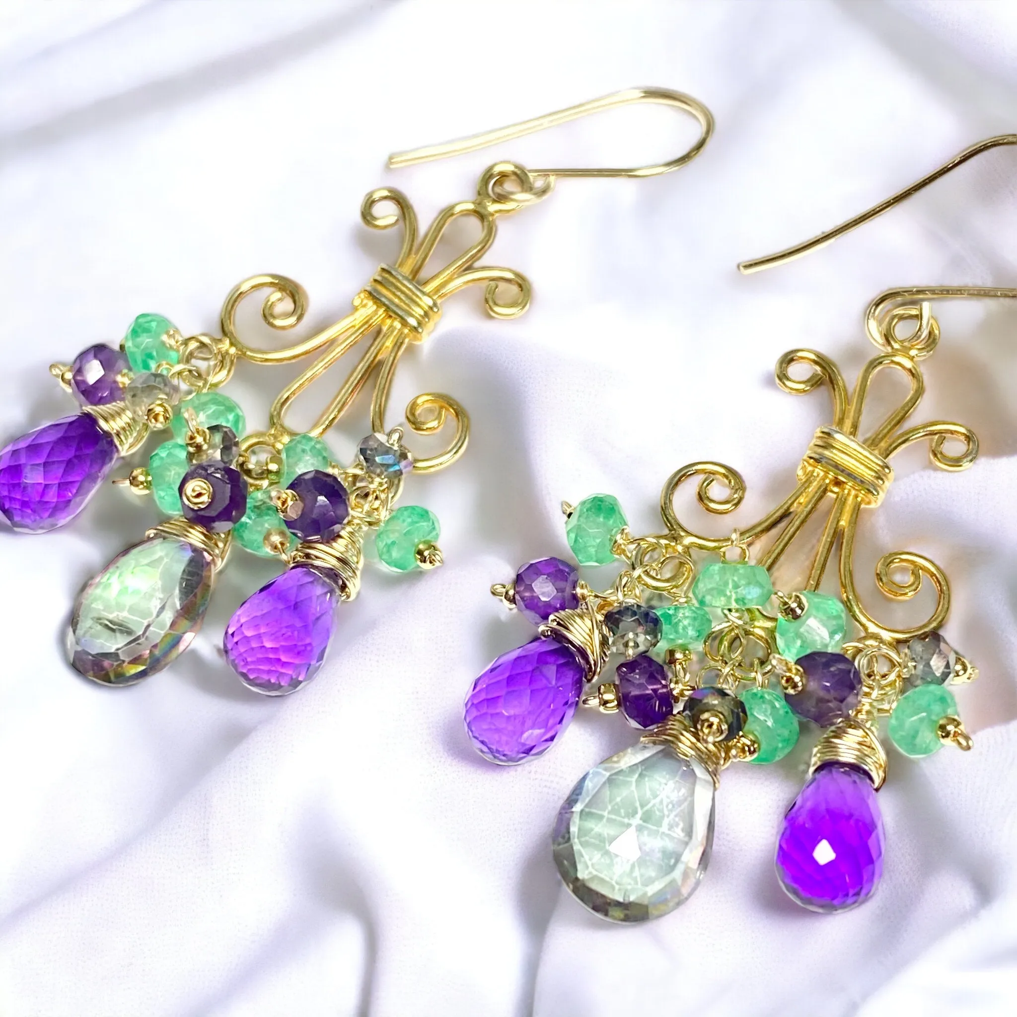 Mystic Topaz Chandelier Earrings in Gold Fill with Amethyst, Green Topaz