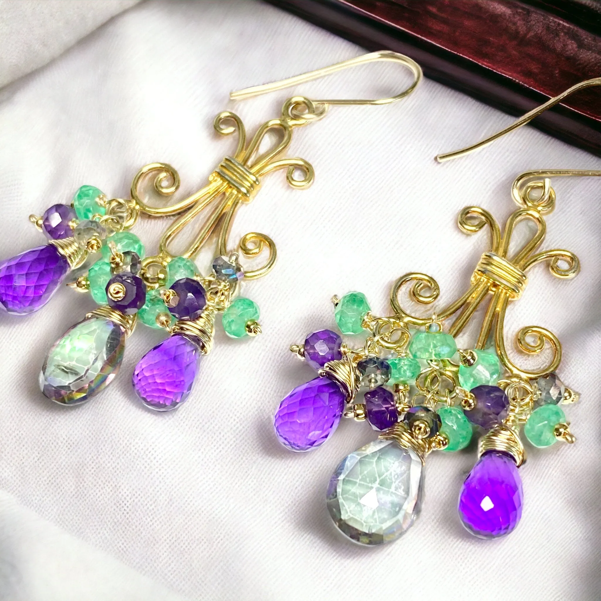 Mystic Topaz Chandelier Earrings in Gold Fill with Amethyst, Green Topaz