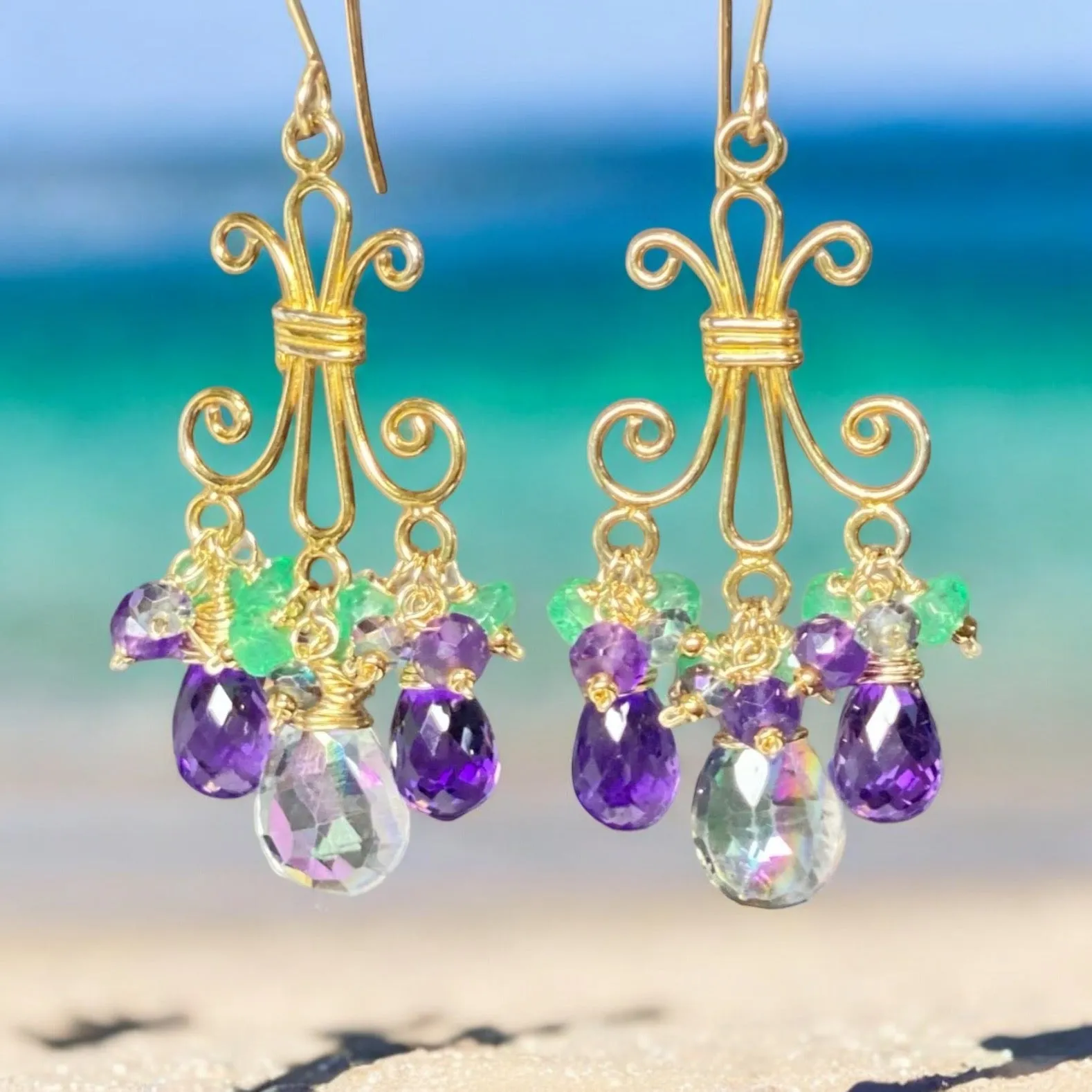 Mystic Topaz Chandelier Earrings in Gold Fill with Amethyst, Green Topaz
