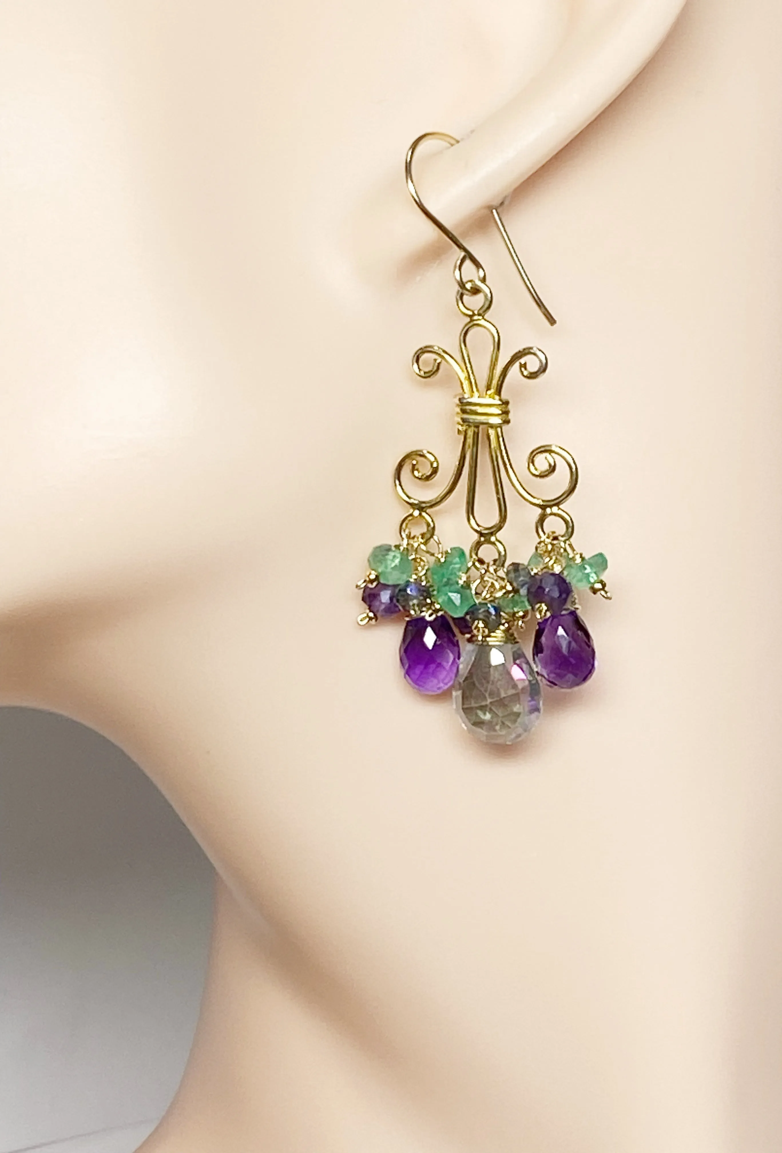 Mystic Topaz Chandelier Earrings in Gold Fill with Amethyst, Green Topaz