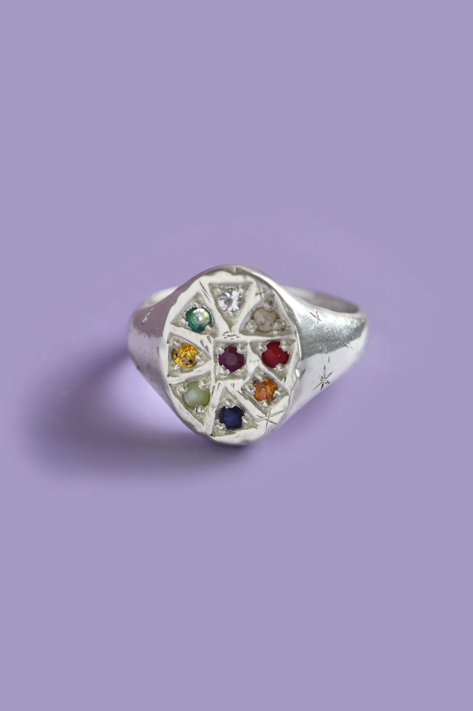 Navaratna Silver Signet Ring