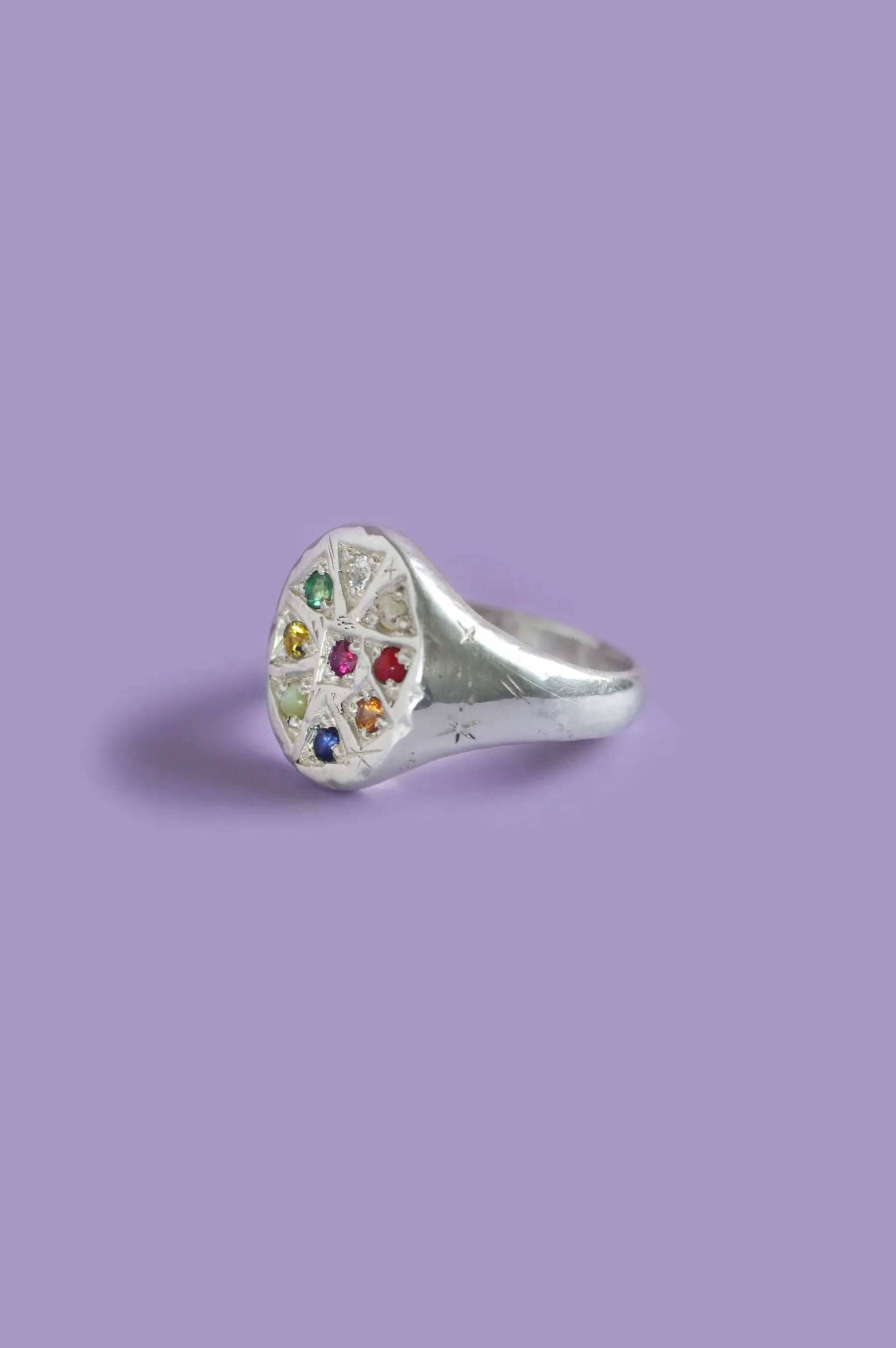 Navaratna Silver Signet Ring