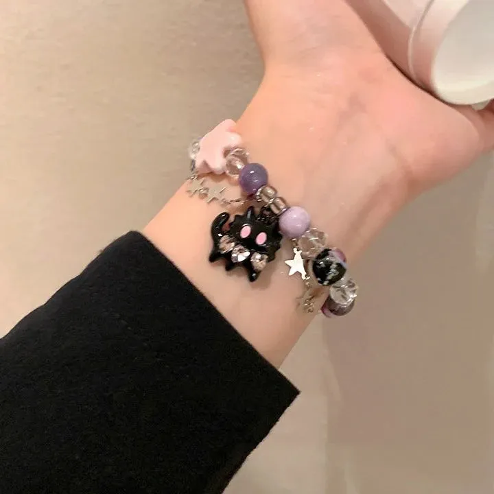 New Black Cat Heart Rhinestone Pentagram Star Beads Bracelet for Women Aesthetic Sweet Cool Trendy Jewelry Korean Fashion Gift