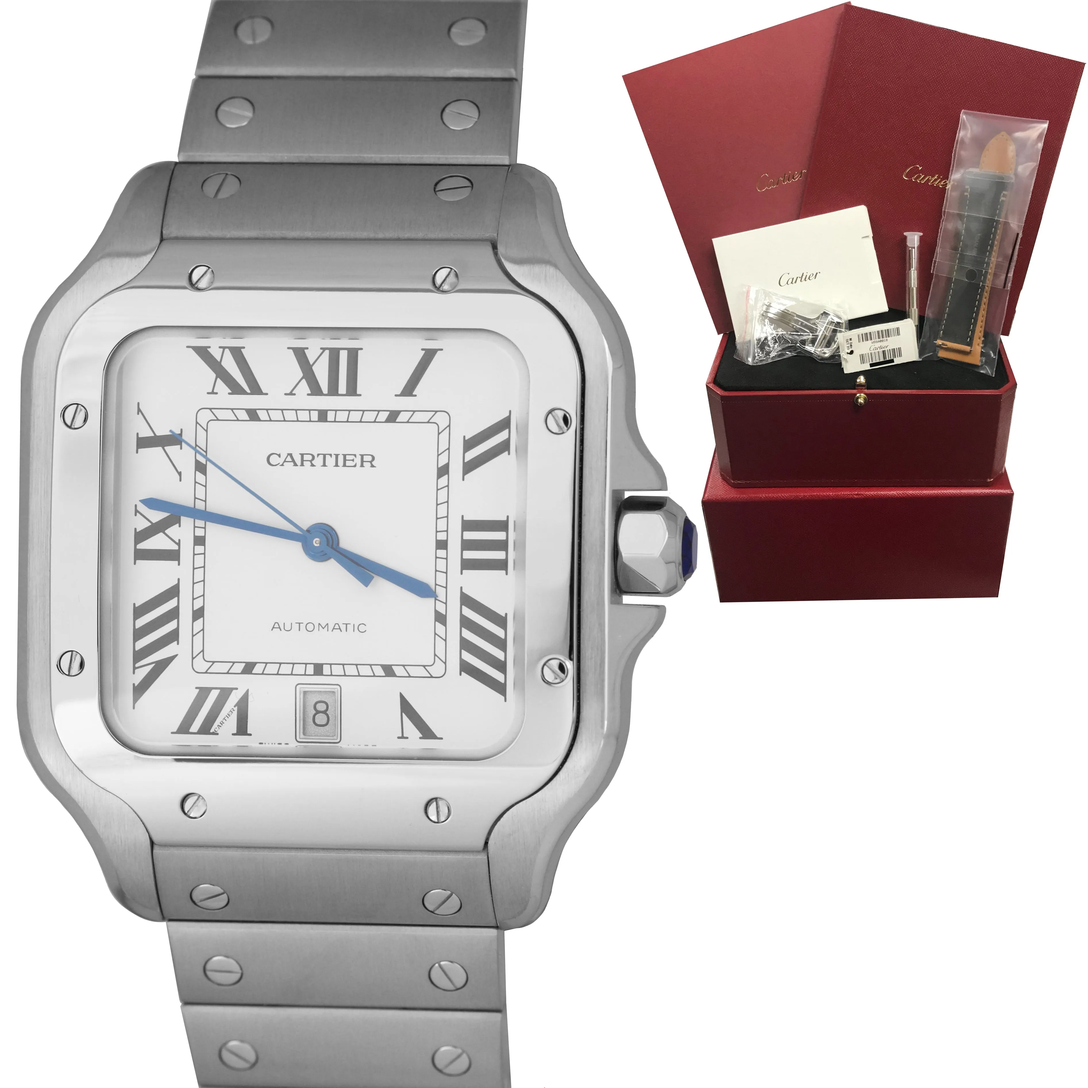 NEW Stickered Cartier Santos 42mm Automatic Stainless White 4072 Watch WSSA0018