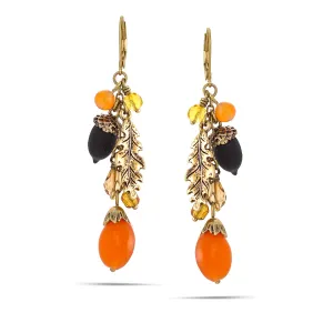 ORANGE CRYSRAL ACORN AND LEAF CHARM  EARRINGS #214OR3601 (1F13)