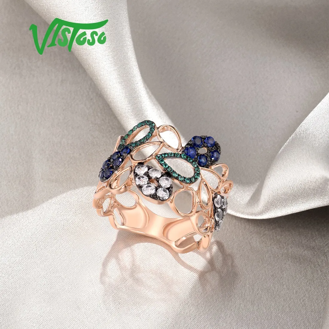 Original VISTOSO 9K 375 Rose Gold Hollow Ring For Lady lab Created Sapphire Emerald White Sapphire Glamorous Glittering  Fine Jewelry
