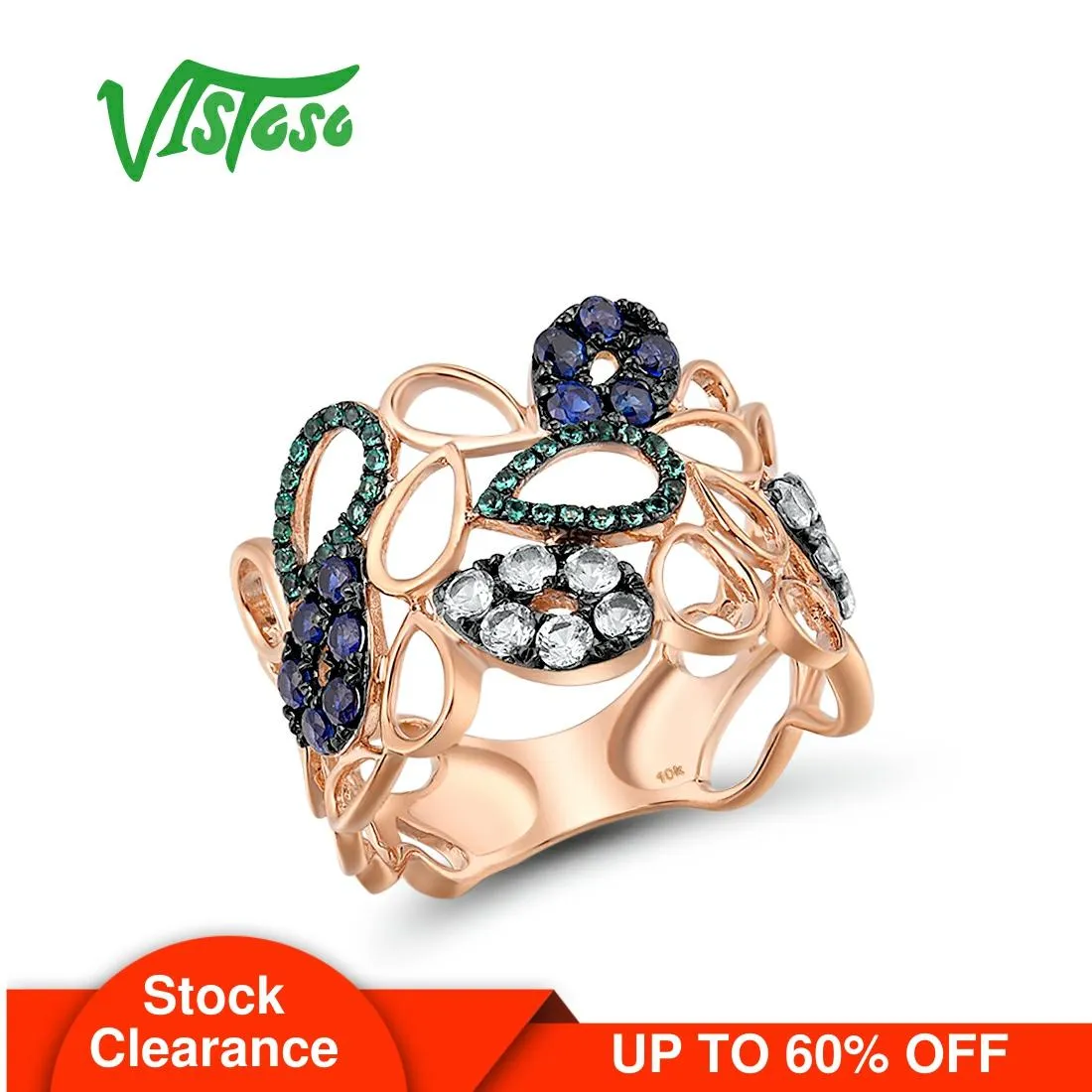 Original VISTOSO 9K 375 Rose Gold Hollow Ring For Lady lab Created Sapphire Emerald White Sapphire Glamorous Glittering  Fine Jewelry