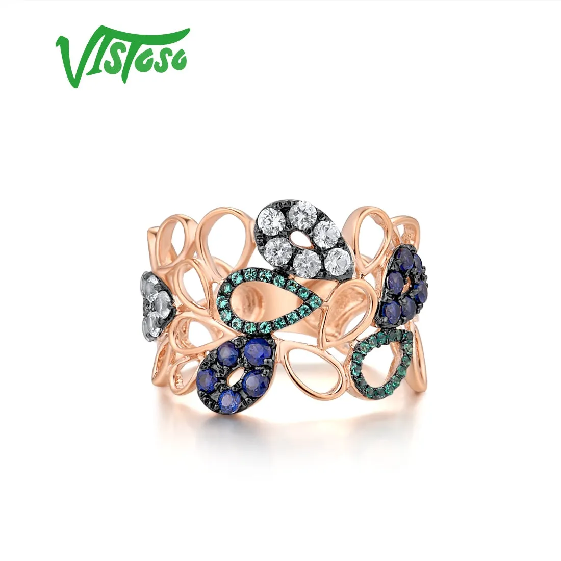 Original VISTOSO 9K 375 Rose Gold Hollow Ring For Lady lab Created Sapphire Emerald White Sapphire Glamorous Glittering  Fine Jewelry