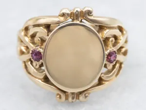 Ornate Vintage Gold Signet Ring with Ruby Accents