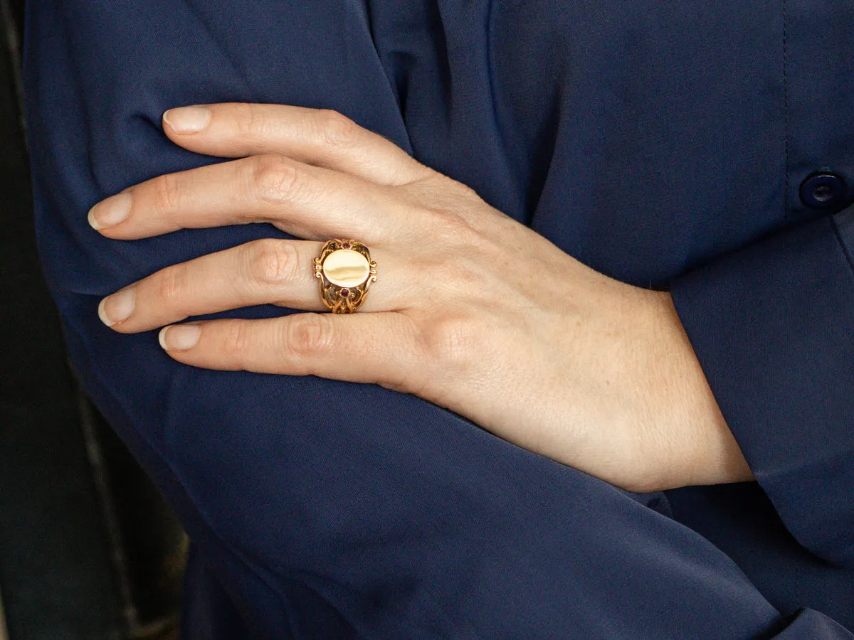 Ornate Vintage Gold Signet Ring with Ruby Accents