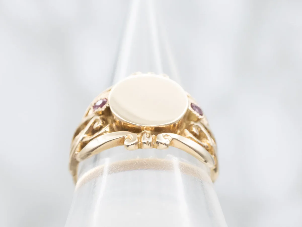 Ornate Vintage Gold Signet Ring with Ruby Accents