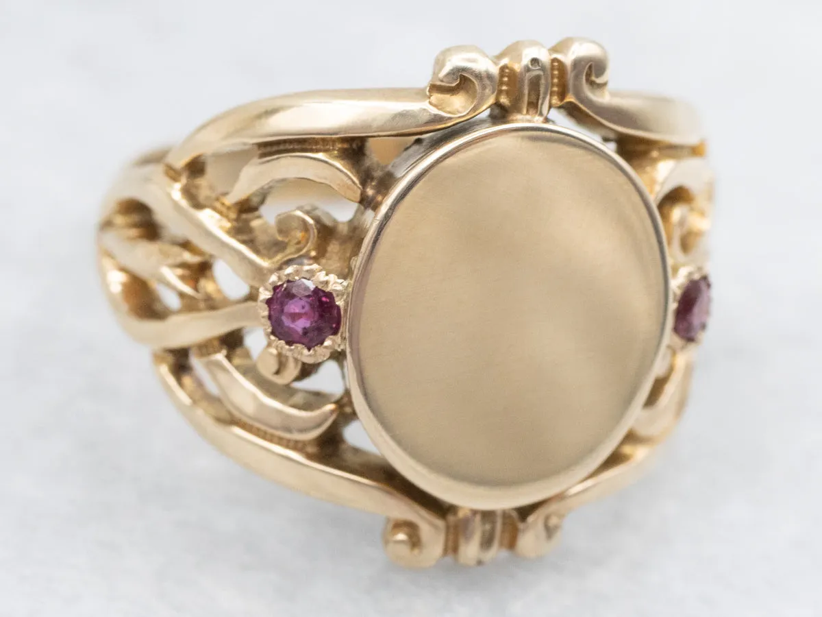 Ornate Vintage Gold Signet Ring with Ruby Accents