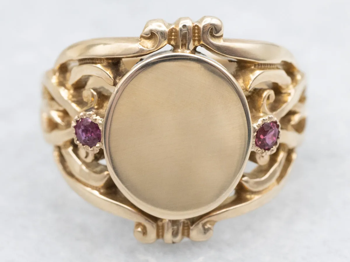 Ornate Vintage Gold Signet Ring with Ruby Accents