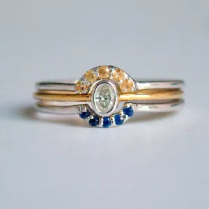 Oval Diamond Ring with Blue Sapphire and Garnet Stack Bands