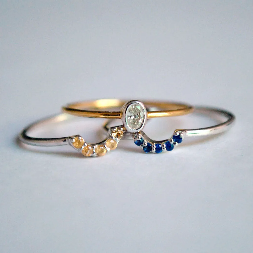 Oval Diamond Ring with Blue Sapphire and Garnet Stack Bands