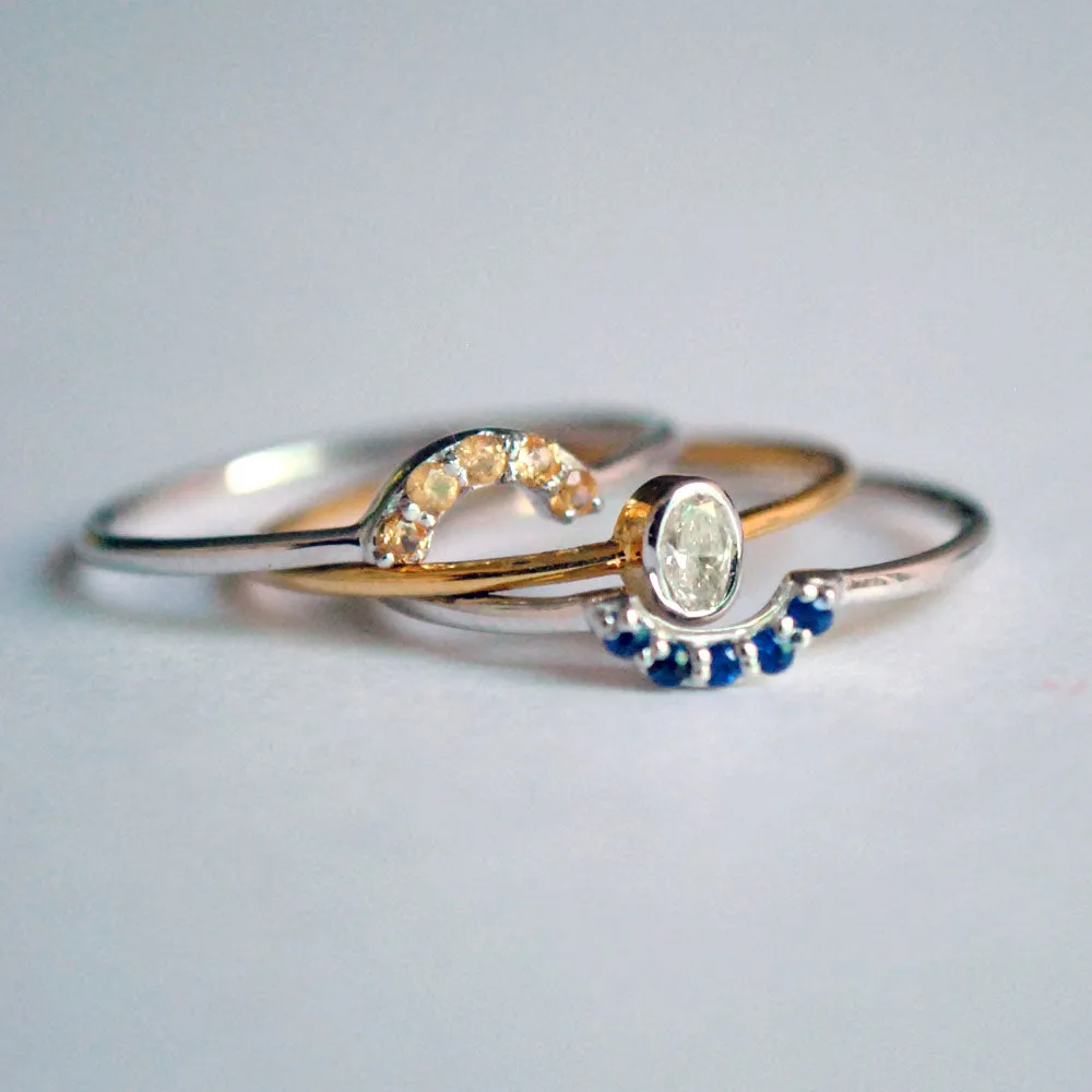 Oval Diamond Ring with Blue Sapphire and Garnet Stack Bands