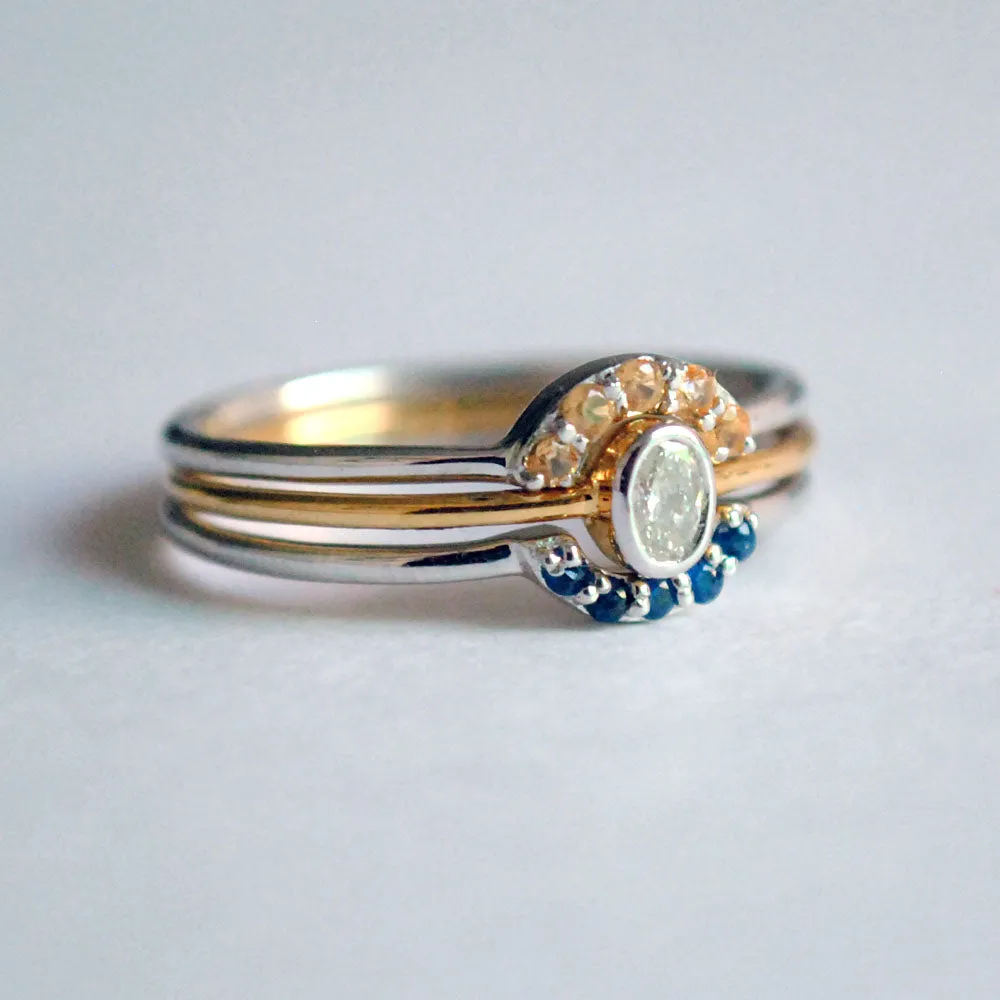 Oval Diamond Ring with Blue Sapphire and Garnet Stack Bands