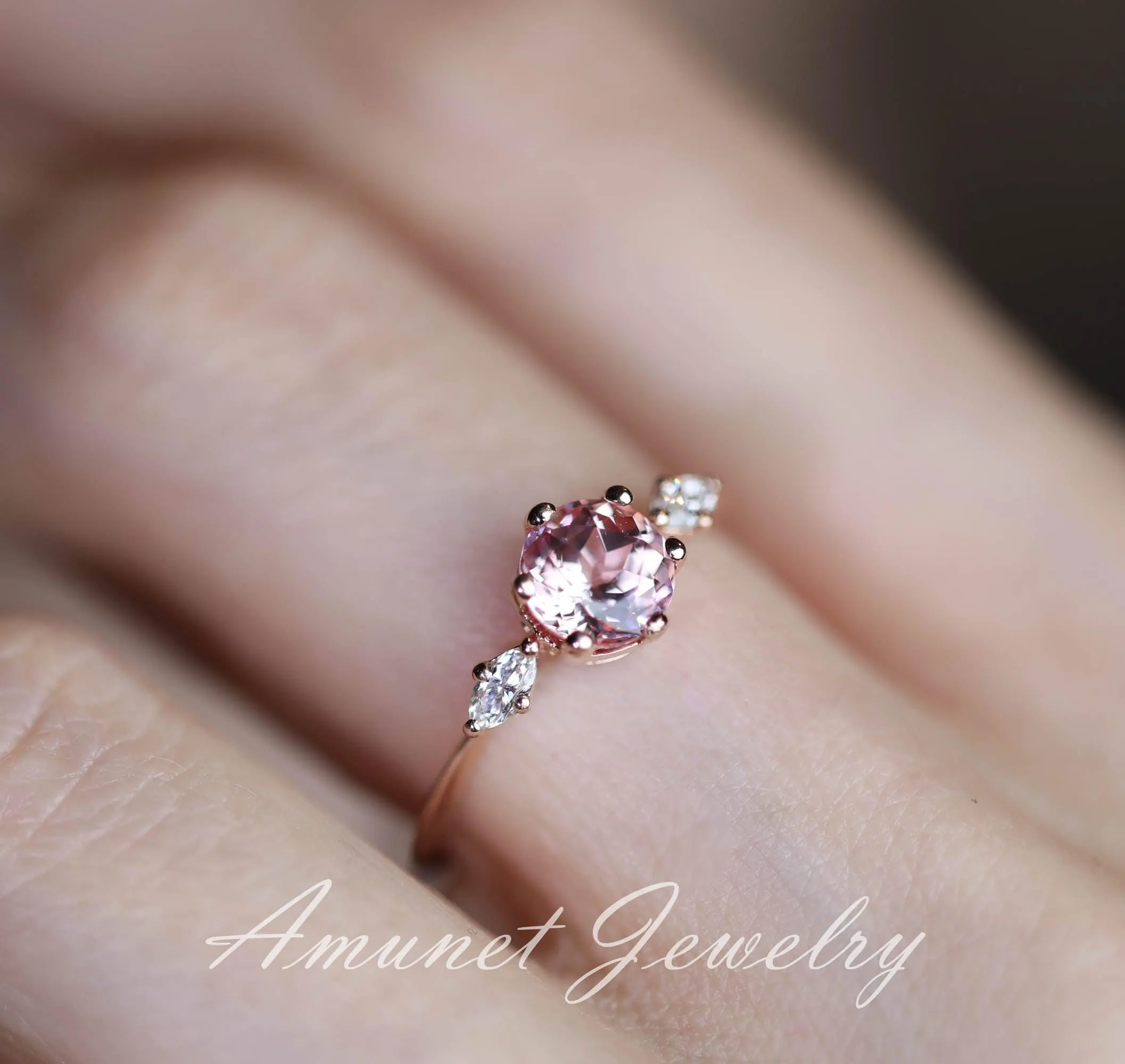 Peach sapphire engagement ring, round sapphire ring, chatham sapphire ring, unique engagement ring