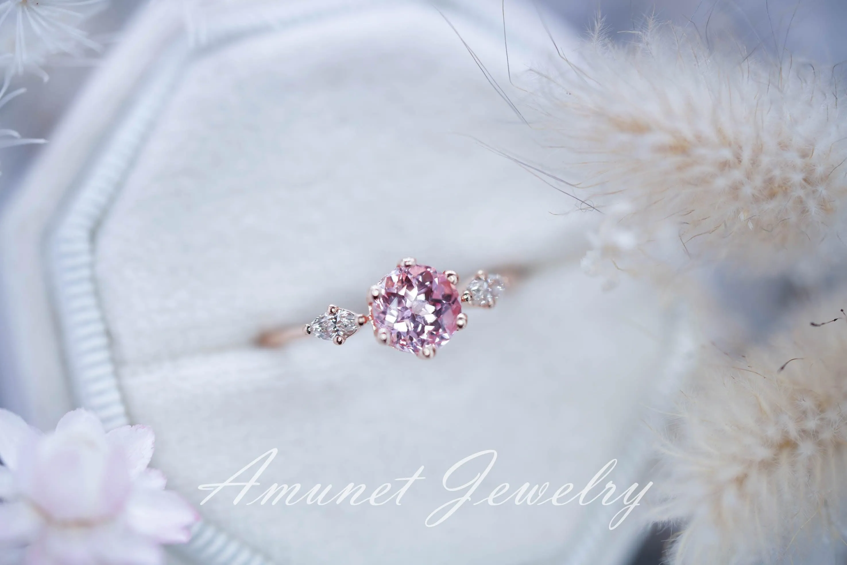 Peach sapphire engagement ring, round sapphire ring, chatham sapphire ring, unique engagement ring