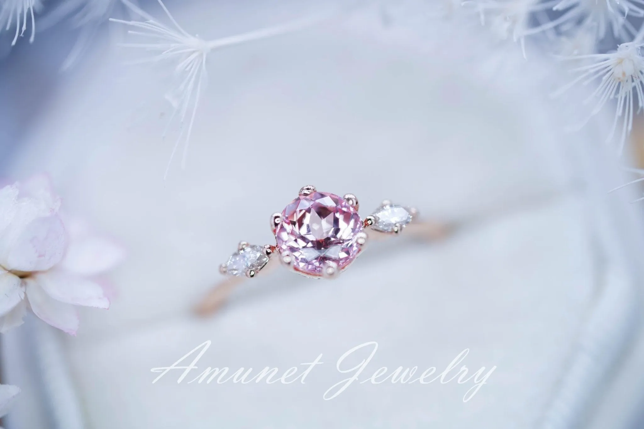 Peach sapphire engagement ring, round sapphire ring, chatham sapphire ring, unique engagement ring