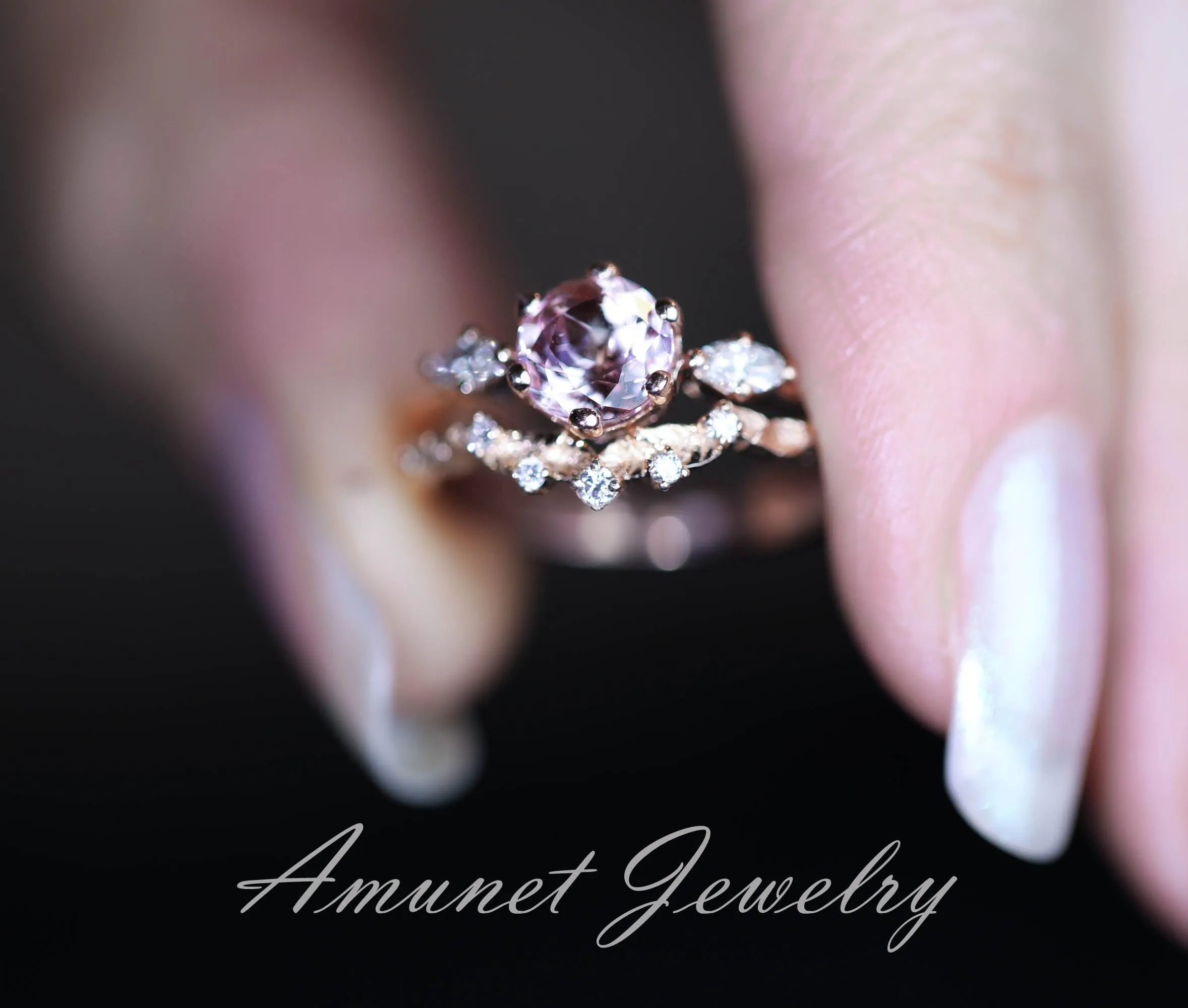 Peach sapphire engagement ring, round sapphire ring, chatham sapphire ring, unique engagement ring