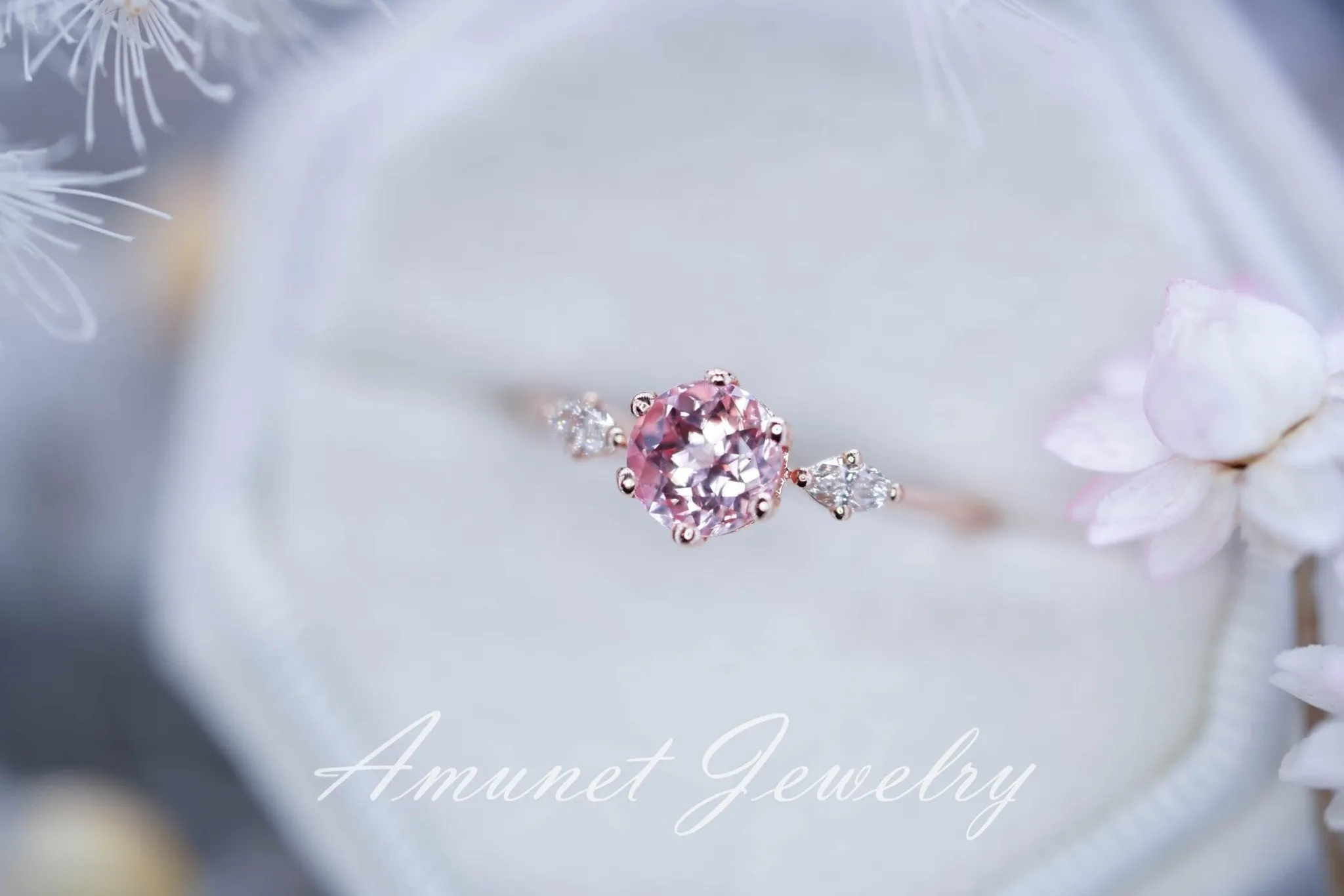 Peach sapphire engagement ring, round sapphire ring, chatham sapphire ring, unique engagement ring