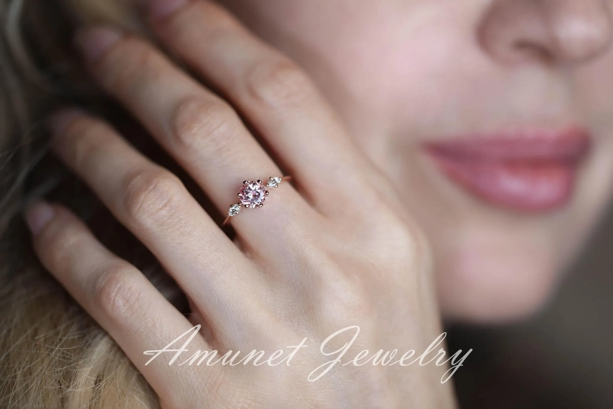 Peach sapphire engagement ring, round sapphire ring, chatham sapphire ring, unique engagement ring