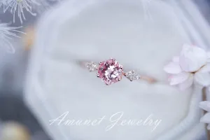 Peach sapphire engagement ring, round sapphire ring, chatham sapphire ring, unique engagement ring