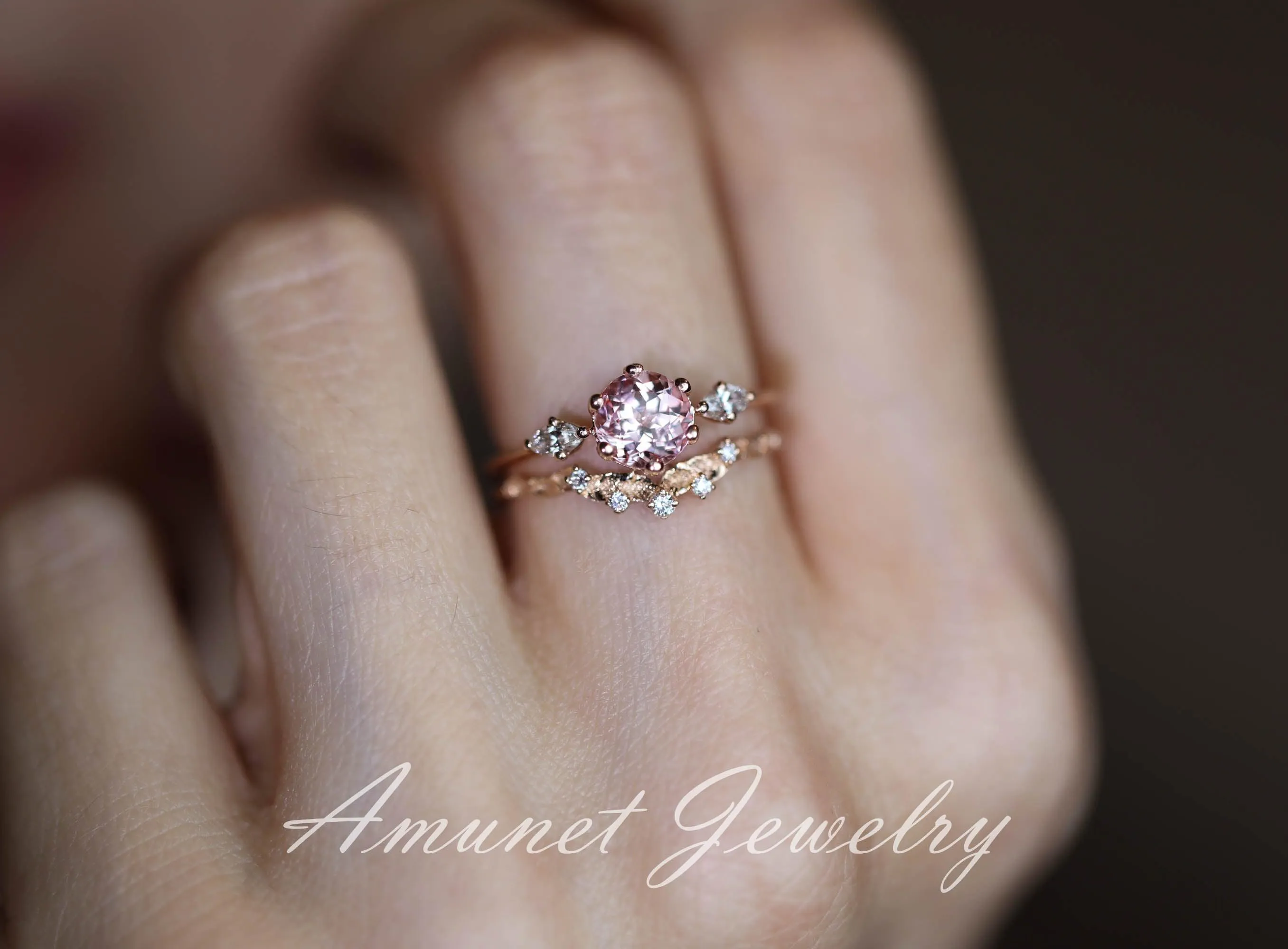 Peach sapphire engagement ring, round sapphire ring, chatham sapphire ring, unique engagement ring