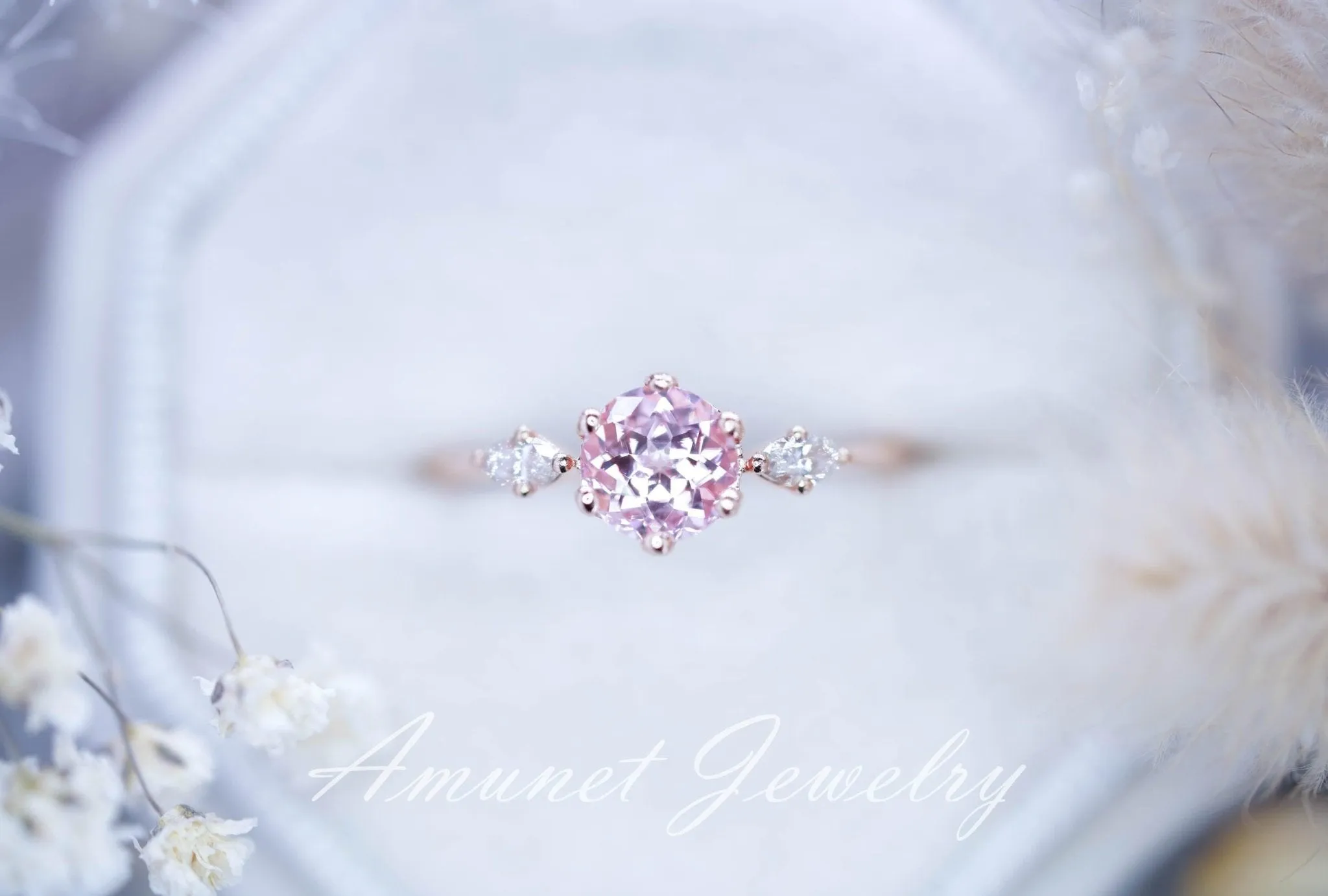 Peach sapphire engagement ring, round sapphire ring, chatham sapphire ring, unique engagement ring