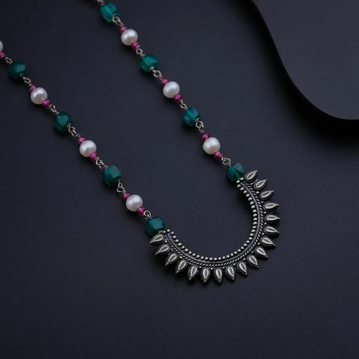 Peacock Pendant with Green Onyx, Ruby and Pearls