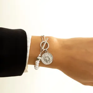 Pearl & Silver-Plated Coin Toggle Bracelet