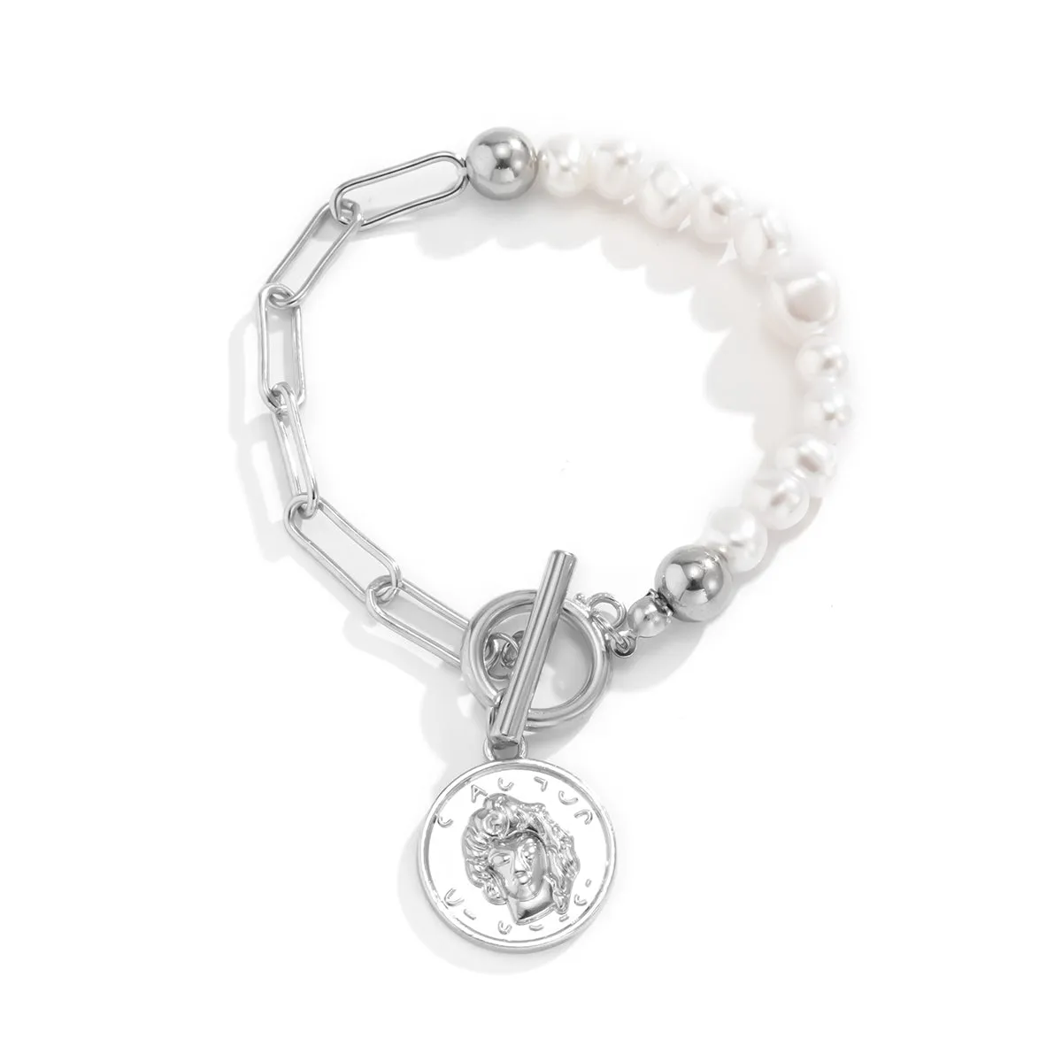 Pearl & Silver-Plated Coin Toggle Bracelet