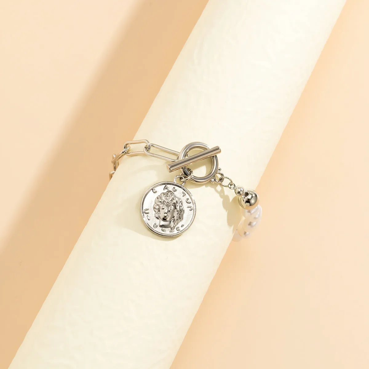 Pearl & Silver-Plated Coin Toggle Bracelet