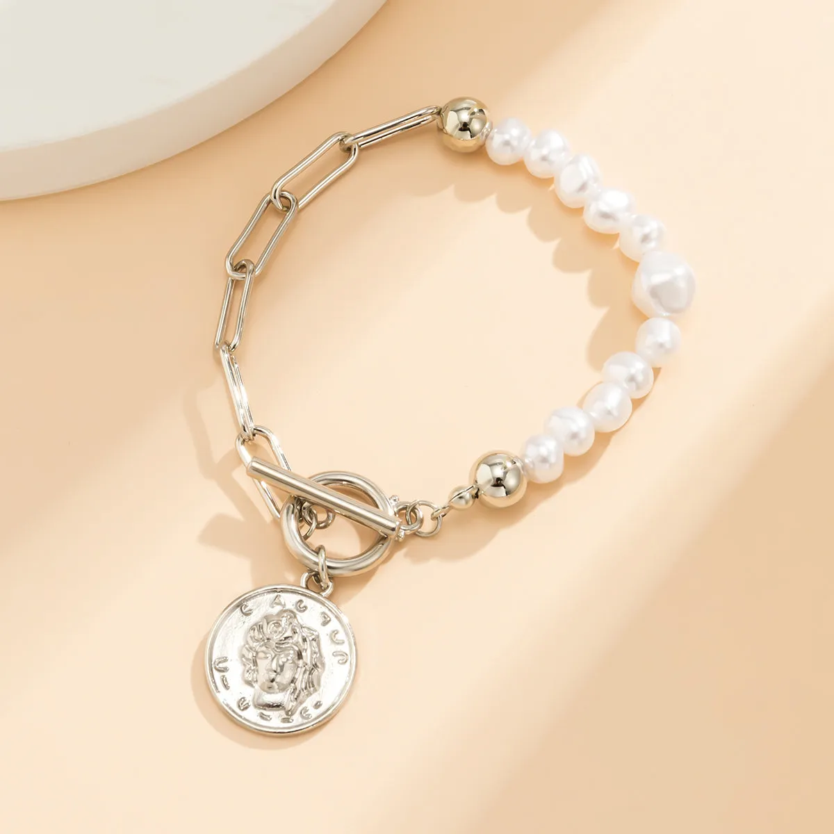 Pearl & Silver-Plated Coin Toggle Bracelet