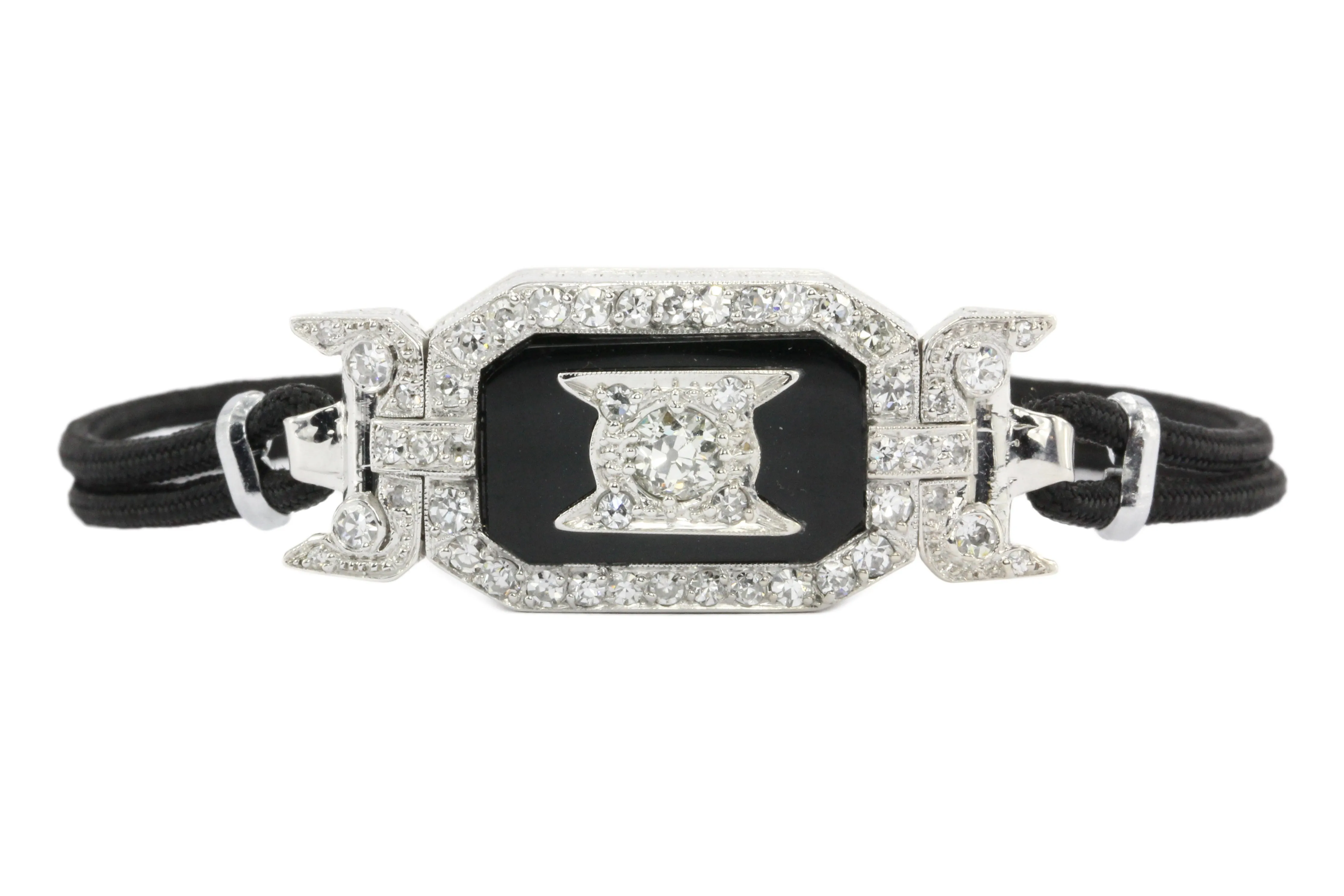 Platinum Art Deco Diamond Onyx Watch Conversion Bracelet