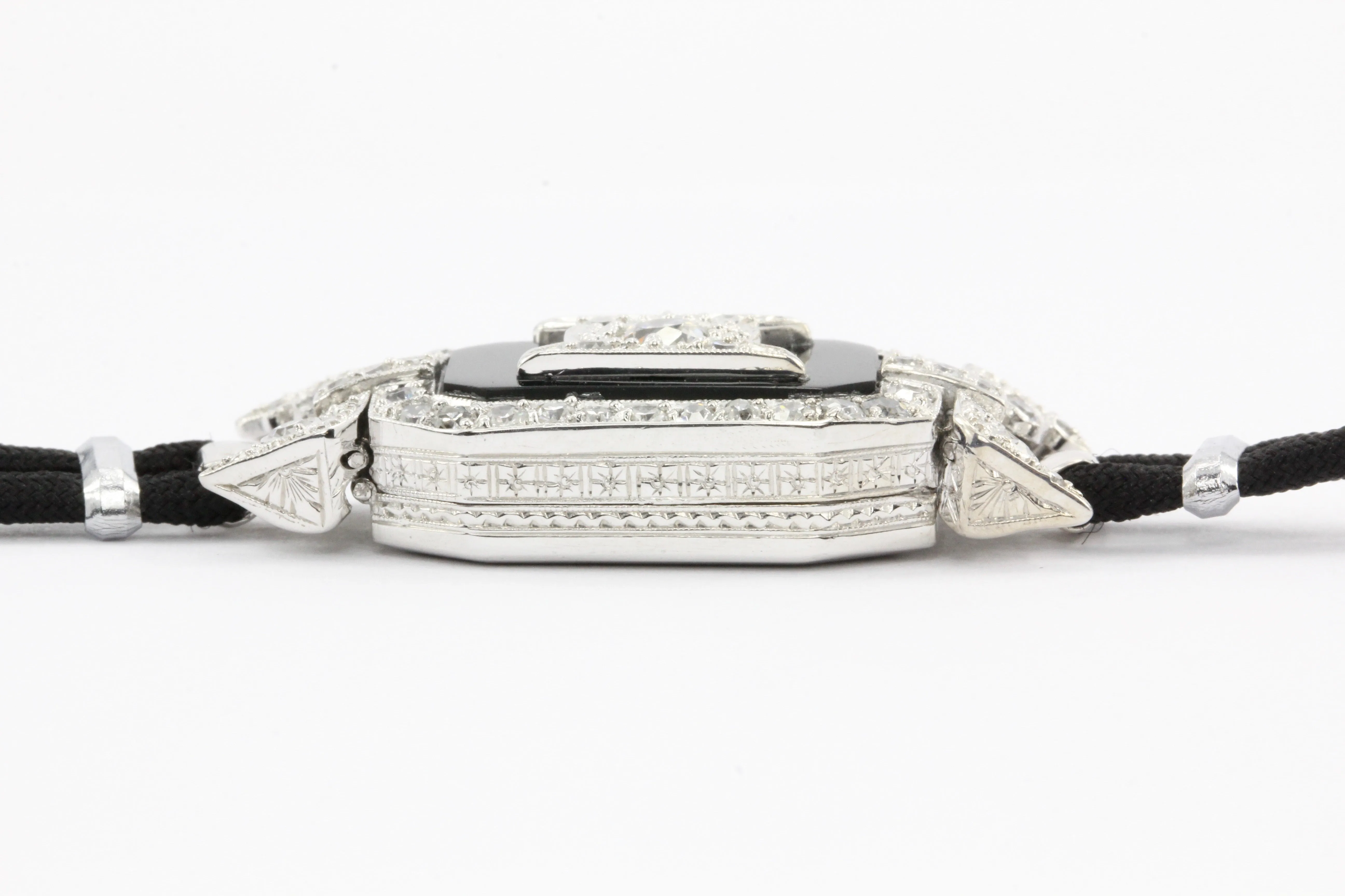 Platinum Art Deco Diamond Onyx Watch Conversion Bracelet