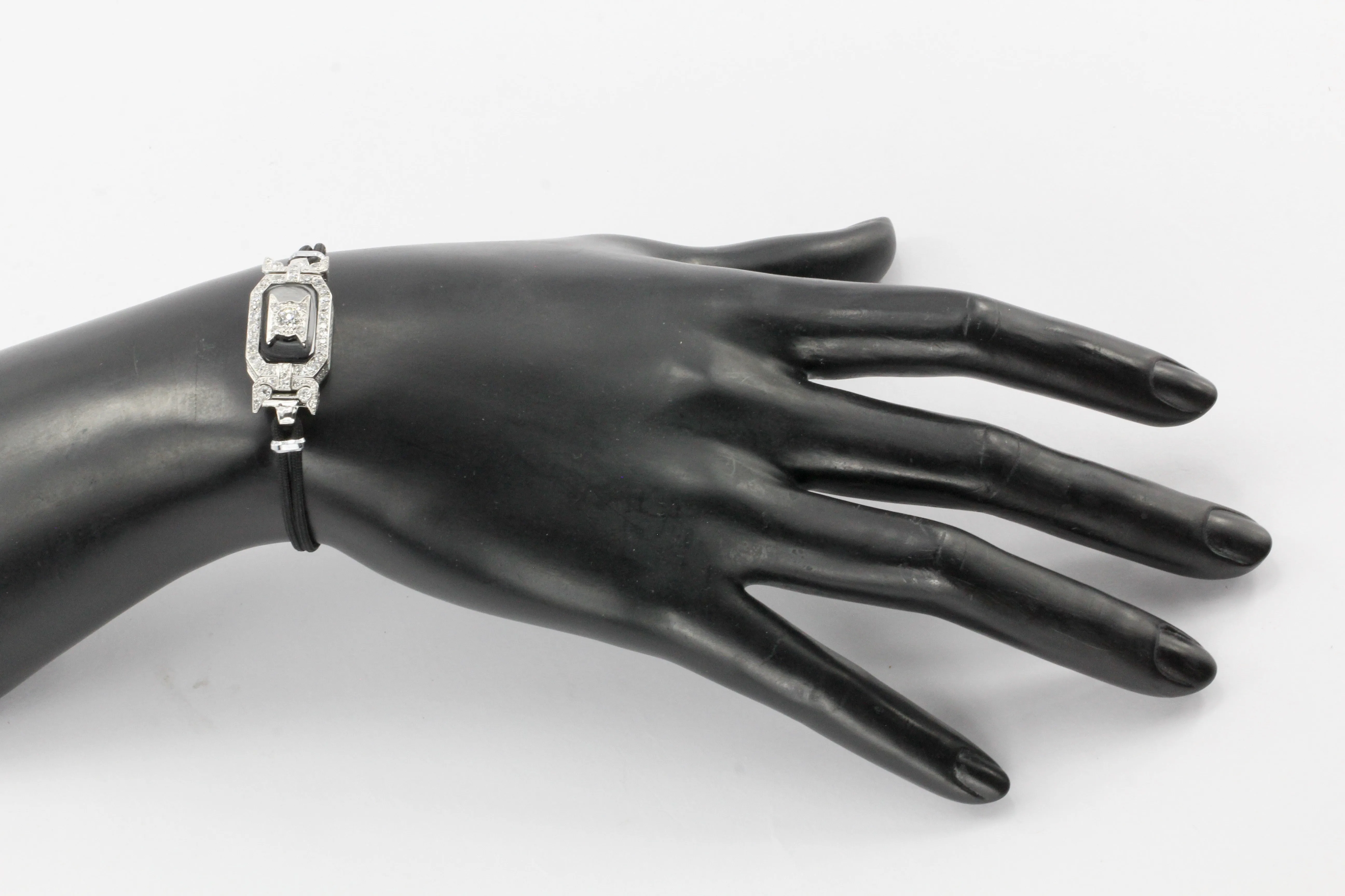 Platinum Art Deco Diamond Onyx Watch Conversion Bracelet