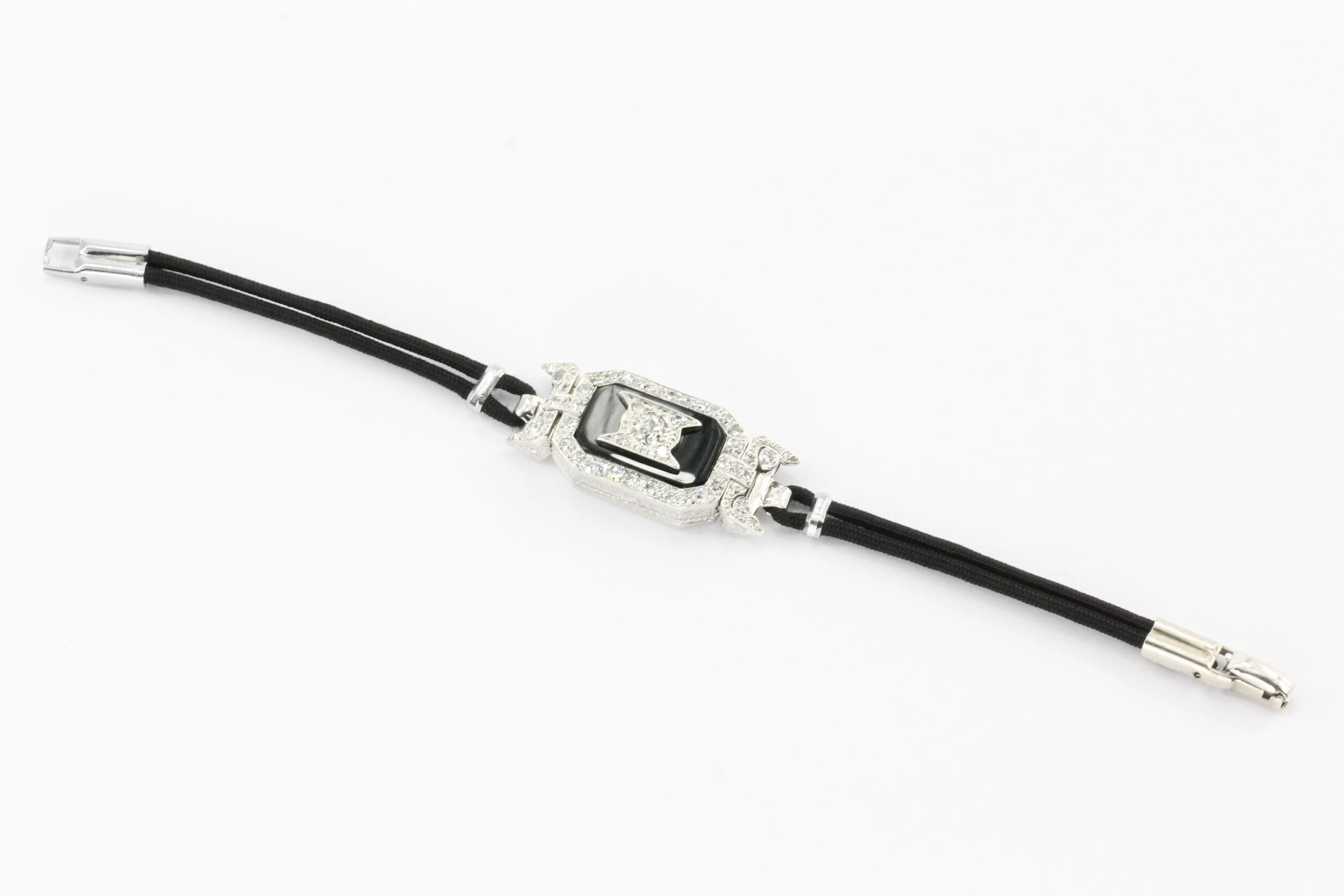 Platinum Art Deco Diamond Onyx Watch Conversion Bracelet