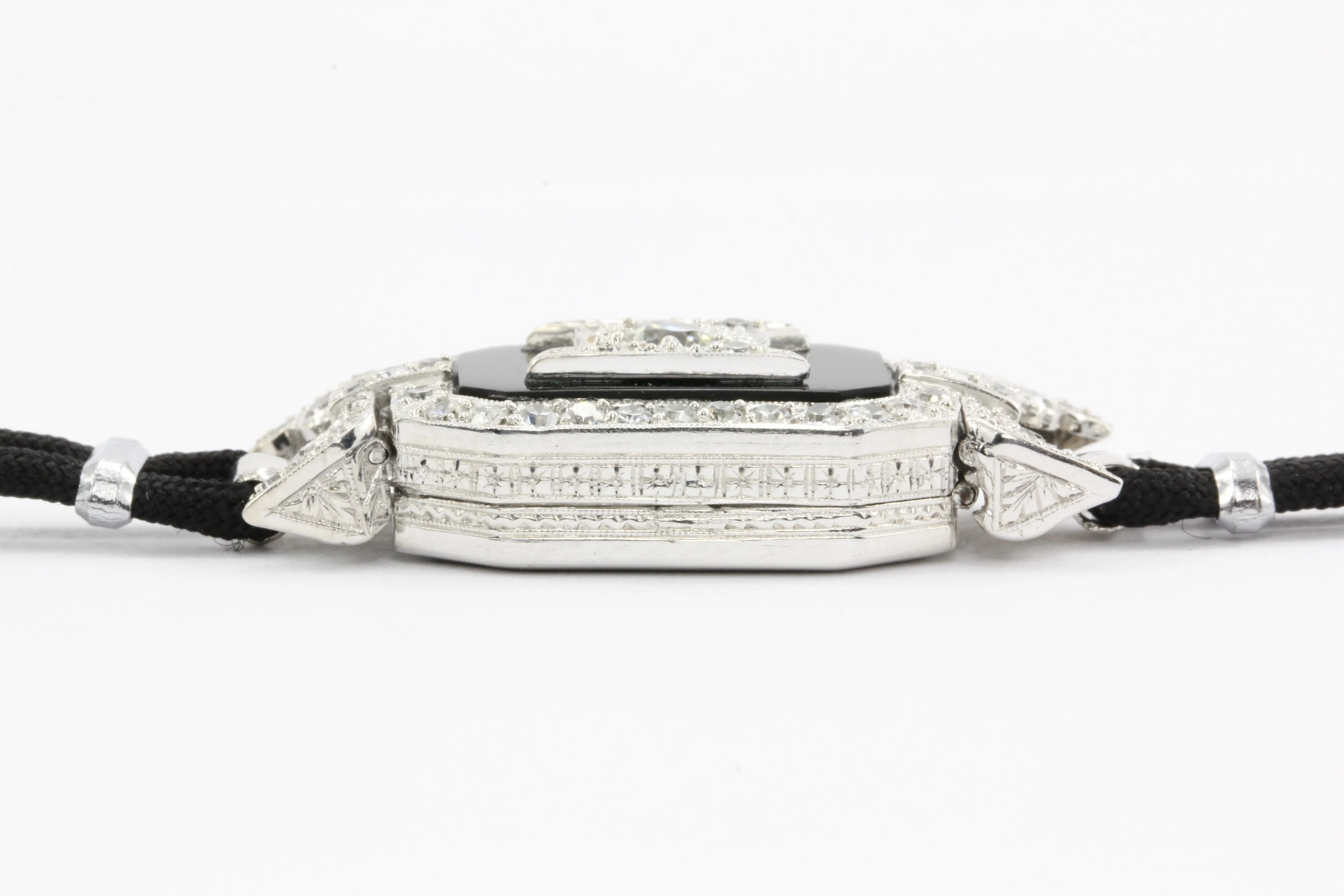 Platinum Art Deco Diamond Onyx Watch Conversion Bracelet