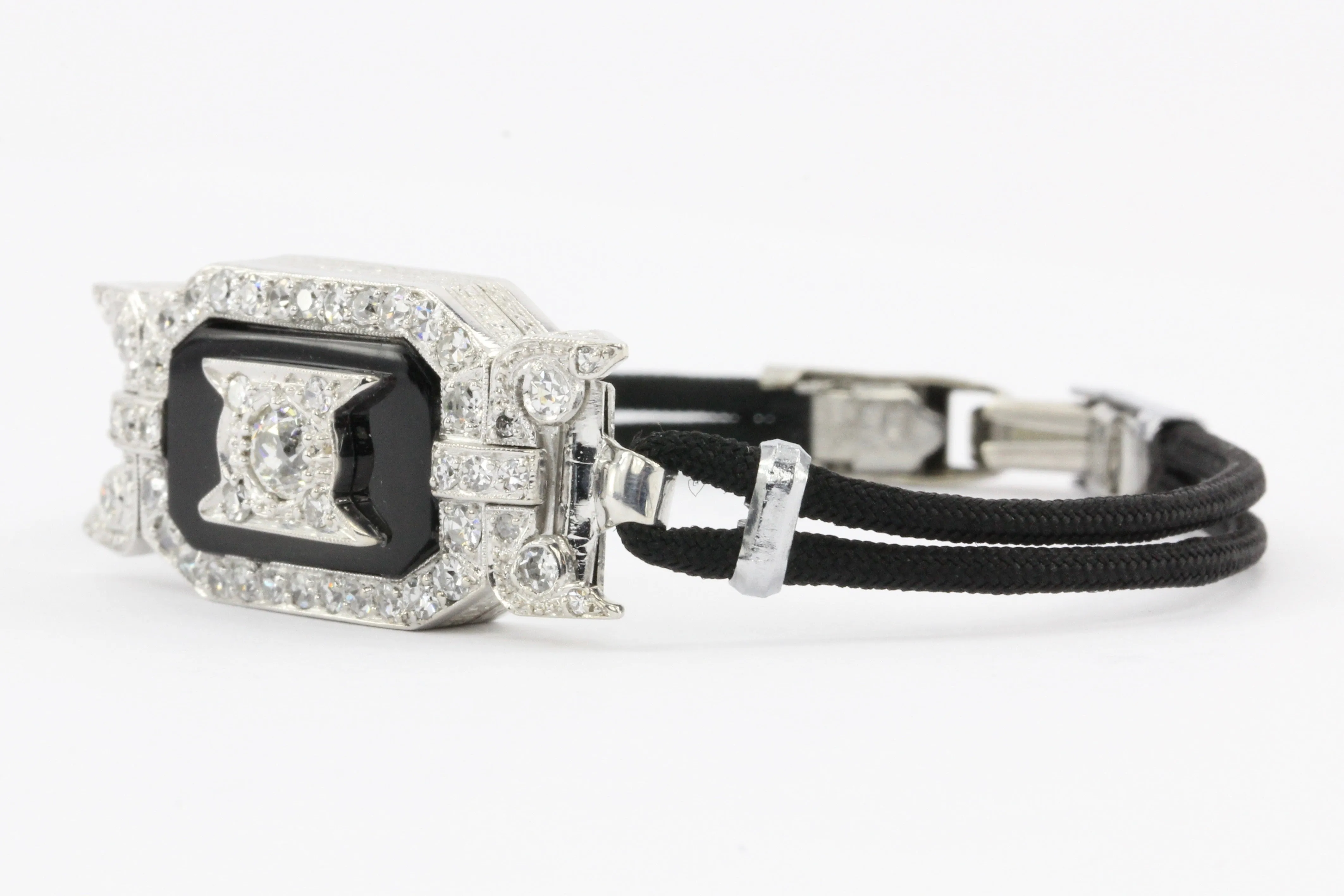 Platinum Art Deco Diamond Onyx Watch Conversion Bracelet