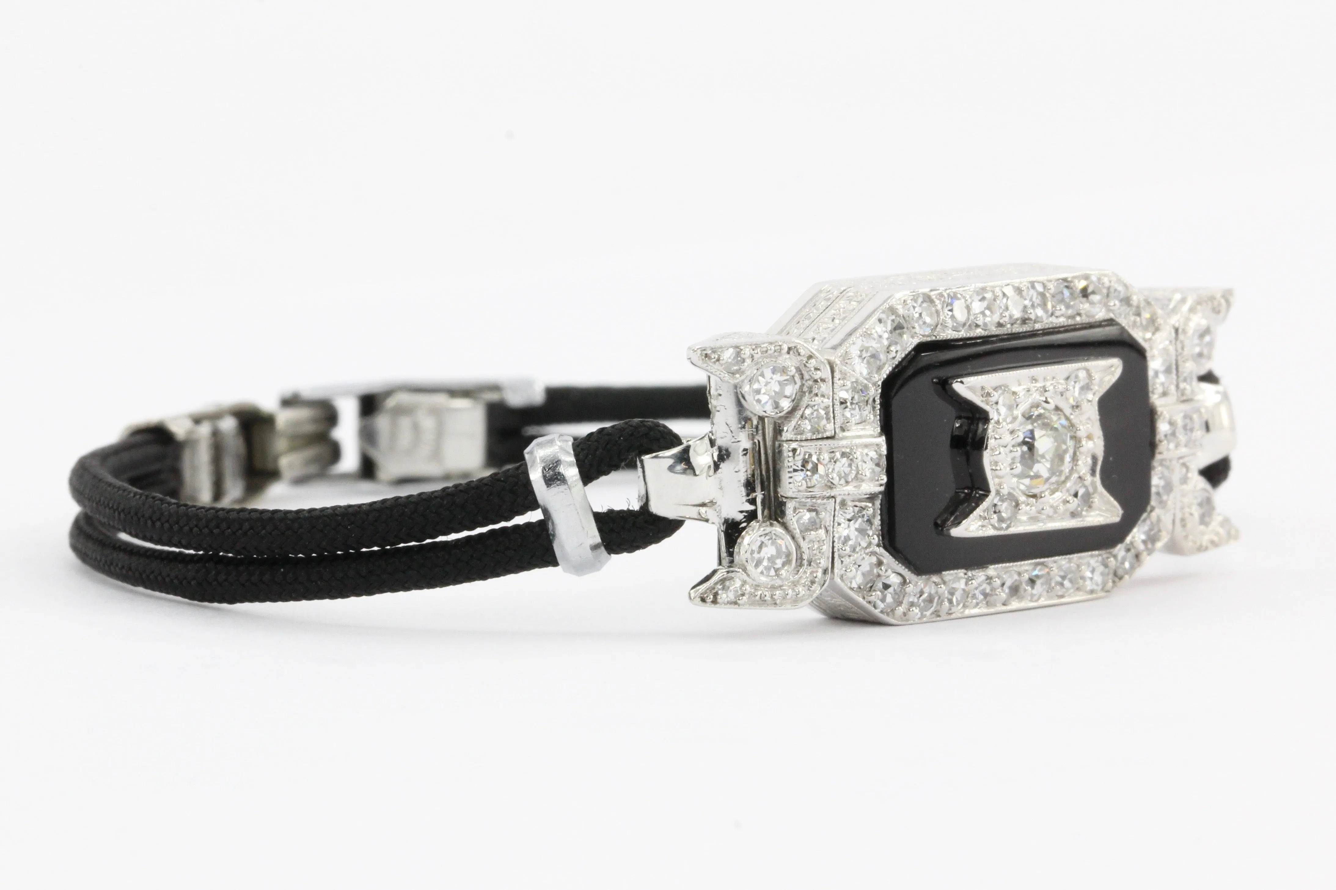 Platinum Art Deco Diamond Onyx Watch Conversion Bracelet