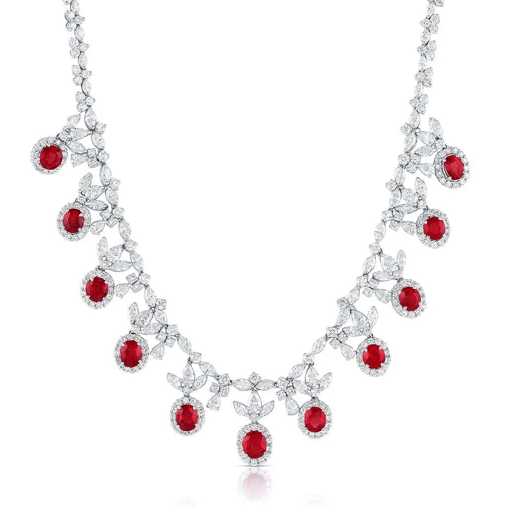 Platinum Burmese Ruby Diamond Necklace and Earring Set, Gubelin certified
