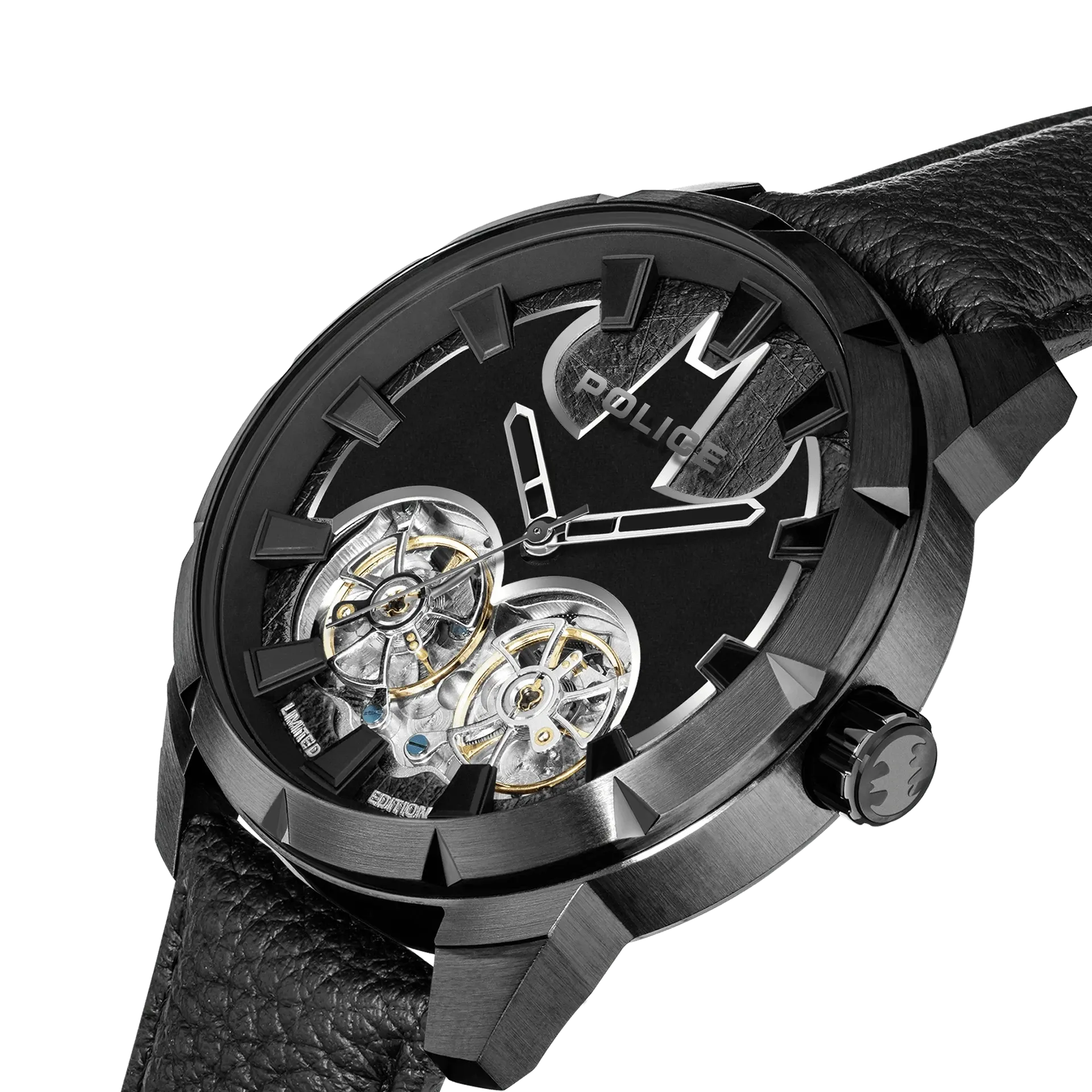 Police Dark Knight Gents Black Dial Black Leather Starp Watch