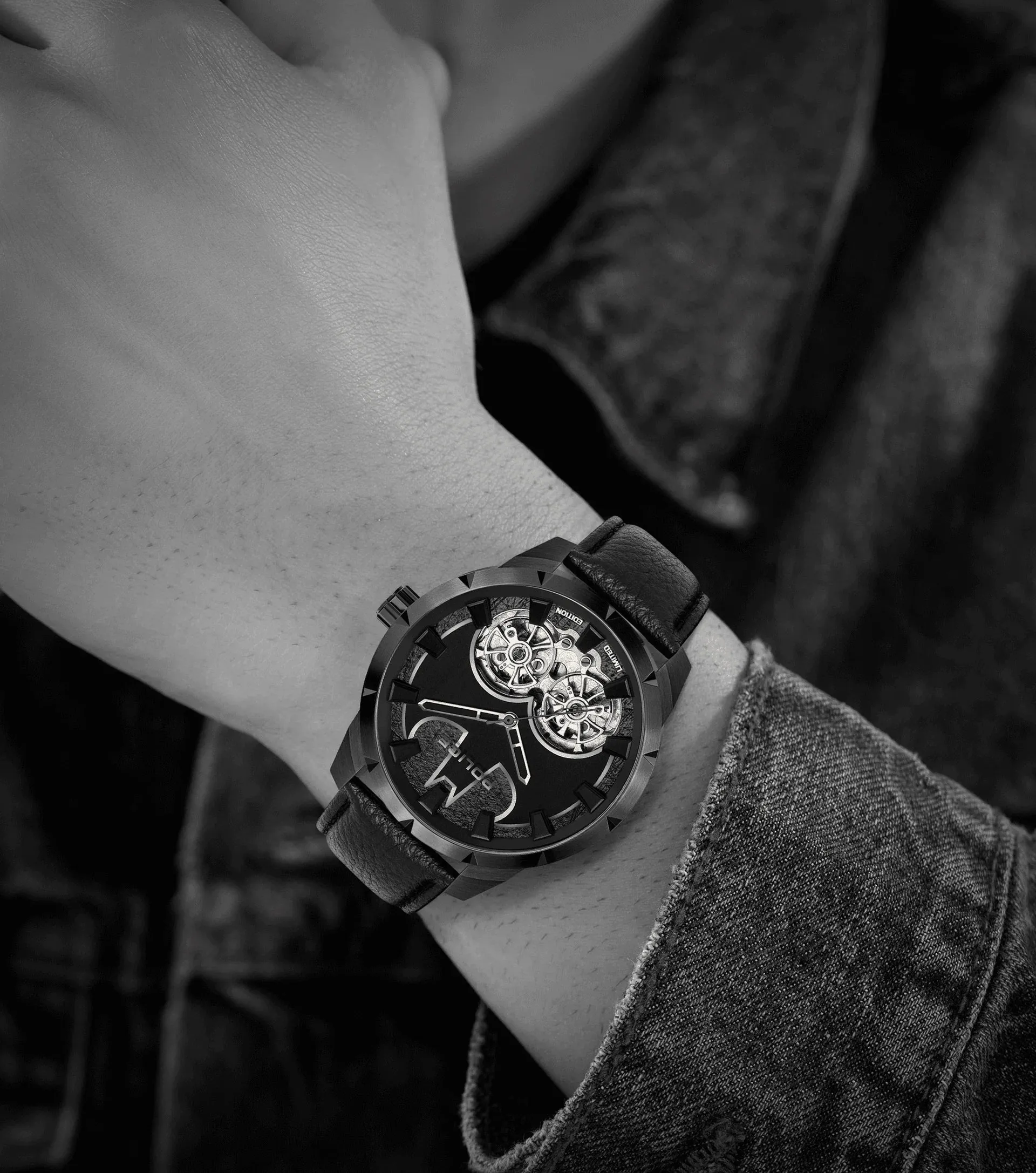 Police Dark Knight Gents Black Dial Black Leather Starp Watch