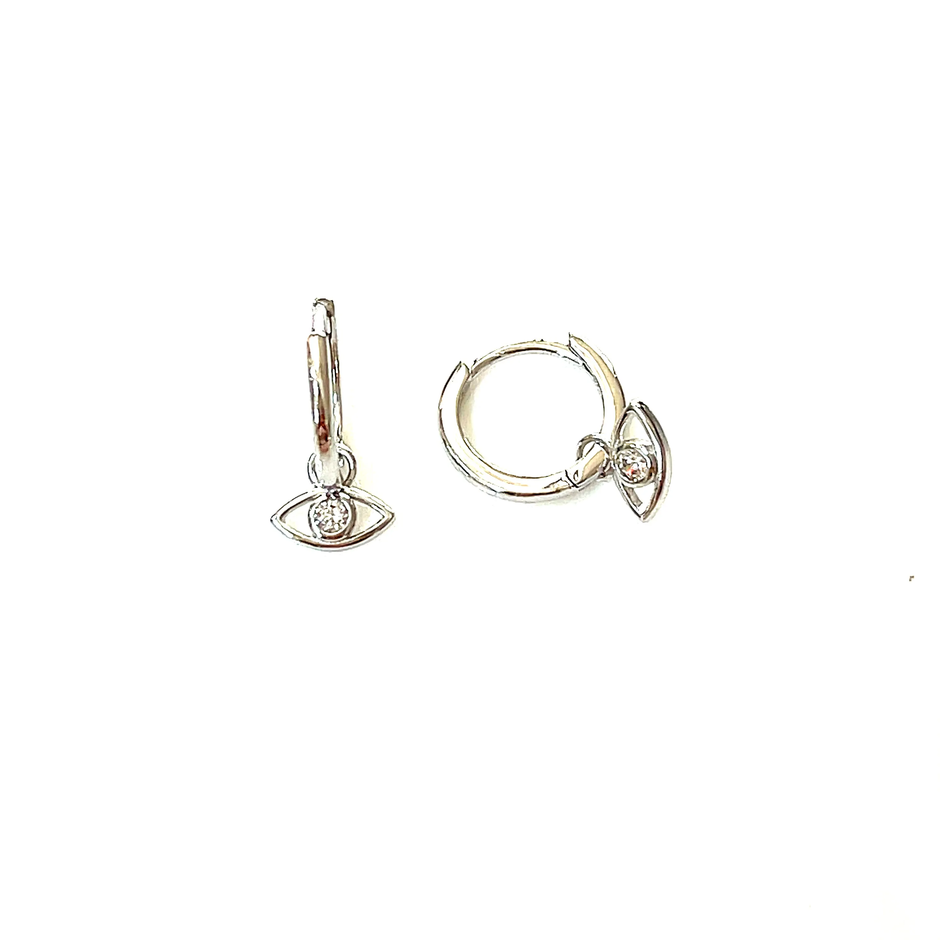 Precious metal plated sterling silver dangling evil eye on huggie earringss