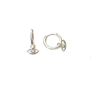 Precious metal plated sterling silver dangling evil eye on huggie earringss