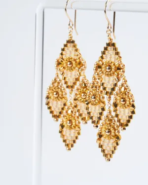 pyrite, miyuki, swarovski chandelier earrings - gold